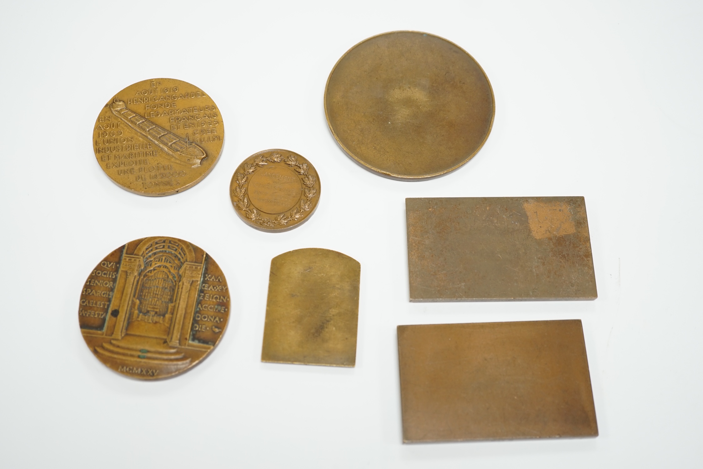 Seven bronze medallions, including awards and commemorative pieces; A.H. Johnson, Henri Cangardel, Albert Thomas, etc., largest 8 cm diameter